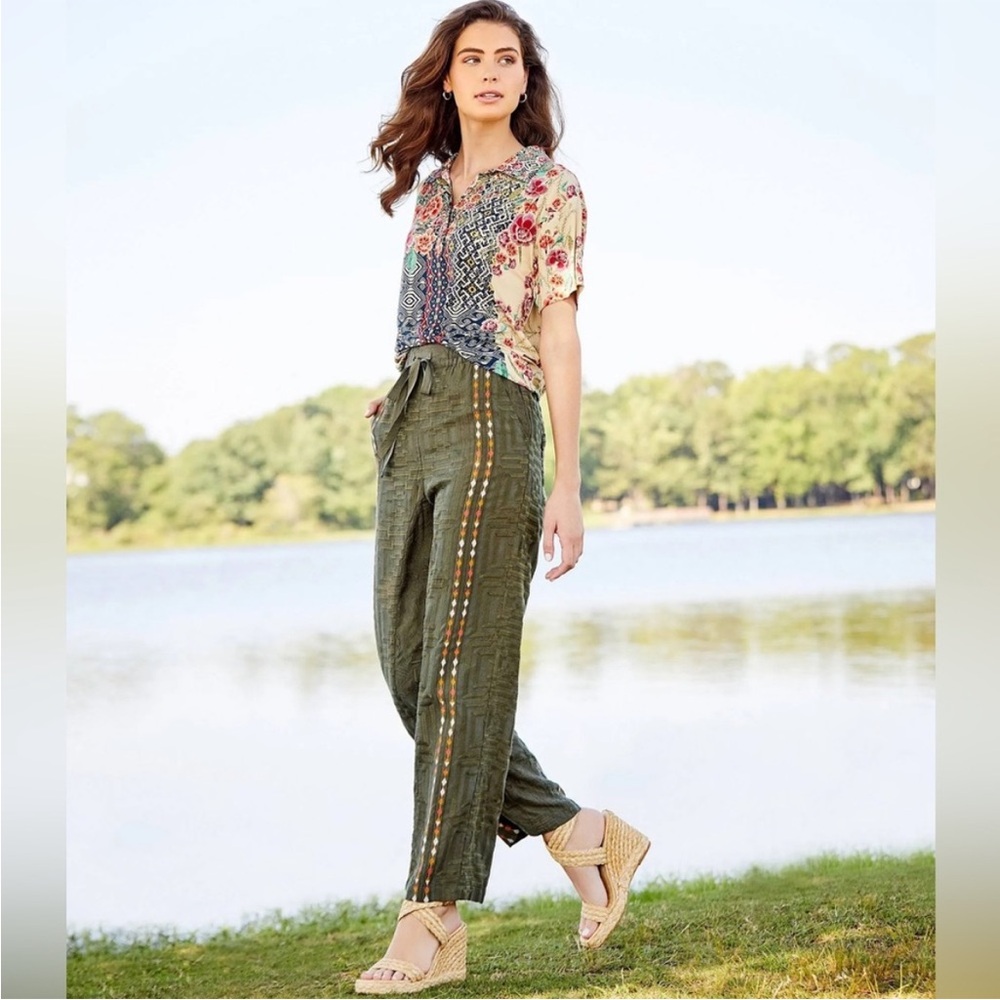 Johnny Was Provenza Pants L Olive Green Boho Embroidered Strip Silk Blend NWT